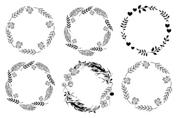 Set of monochrome circle frames. Doodle leaf, flowers and berry wreaths. Ready templates for design, postcards, printing.