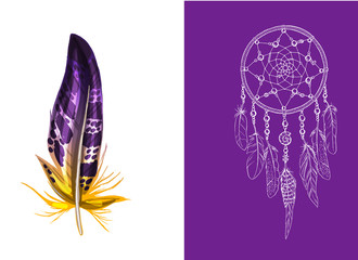 Set of design and decor elements. Detailed colored feather close up isolated on white background. Hand drawn ornate ethnic dream catcher on a purple background. Vector illustration.