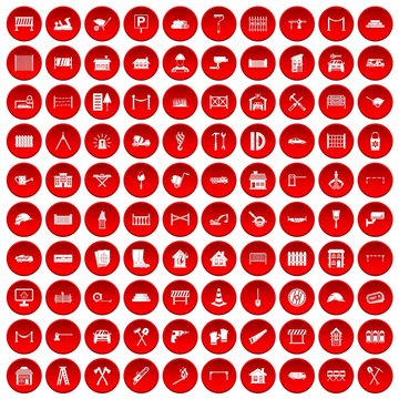 100 fence icons set in red circle isolated on white vectr illustration