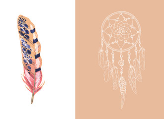 Set of design and decor elements. Detailed colored feather close up isolated on white background. Hand drawn ornate ethnic dream catcher on a beige background. Vector illustration.