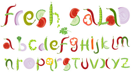 Fresh vegetable salad vector typeface letters set.