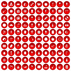 100 fruit party icons set in red circle isolated on white vectr illustration