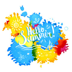 Vector calligraphic inscription on splats background. Hello Summer poster or postcard. Typography collection