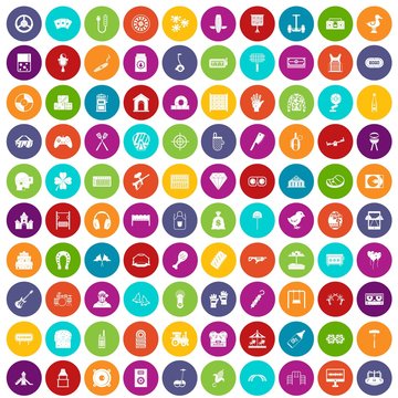 100 entertainment icons set in different colors circle isolated vector illustration