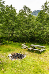 Camp site with picnic table in norwegian nature