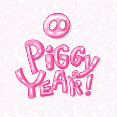 Cute Pig Snout in Pink Color with Piggy Year 2019 Lettering. Isolated Swine Astrology Symbol with Bright Letters. Use for Laser Cutting and Christmas Gift Design