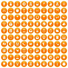 100 religious festival icons set in orange circle isolated on white vector illustration