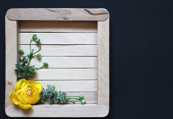 Yellow flower with green leaves on a wooden background. Wooden square on a black background.