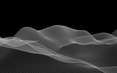 Naklejka premium Abstract landscape on a dark background. Cyberspace grid. Hi-tech network. 3D illustration