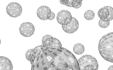 Bitcoin economic financial bubble. Cryptocurrency 3D illustration. Digital white background. Business concept.