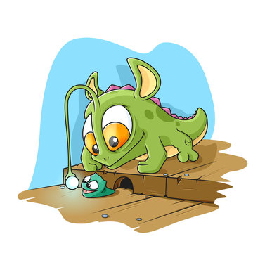 Monster Lizard Catching a Little Slug. A Colored Illustration.