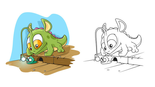 Monster Lizard Catching a Little Slug. A Printable Coloring Book Page and Colored Example.