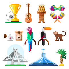 Travel to Brazil vector icons and design elements. Brazilian national symbols and landmarks flat illustration