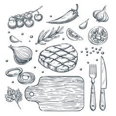 Cooking meat steak, vector sketch illustration. Restaurant, steak house menu design elements.