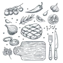 Fotobehang Cooking meat steak, vector sketch illustration. Restaurant, steak house menu design elements. © Qualit Design