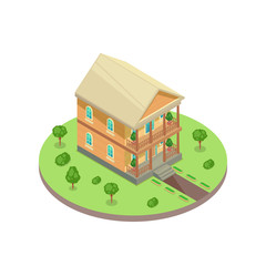 Classical 3d isometric style cottage residential house in green yard. Vector isolated illustration. Real estate icon