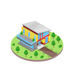 Modern multicolor two stories 3d isometric style residential house in green yard. Vector illustration. Real estate icon.