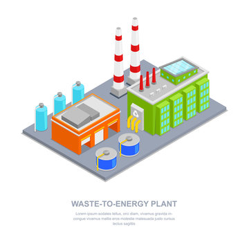 Waste plant vector 3d isometric illustration. Garbage recycling factory industrial building
