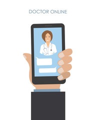 Doctor online concept. Online consultation with a medical specialist. Hand holding smart phone, there is female doctor's photo on the display of the smartphone in the picture. Vector illustration