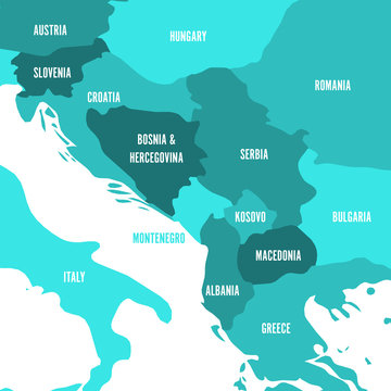 Political map of Balkans - States of Balkan Peninsula. Four shades of turquoise blue vector illustration,