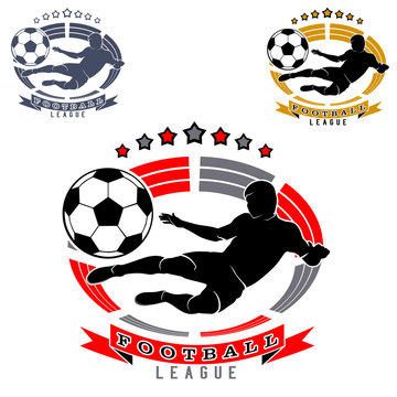 Soccer logo with football player silhouette and ball on stadium or arena background, black-red, black-yellow and monochrome image