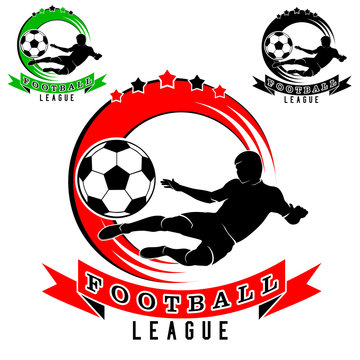 Football logo with football player silhouette and ball, black-red, black-green and monochrome image