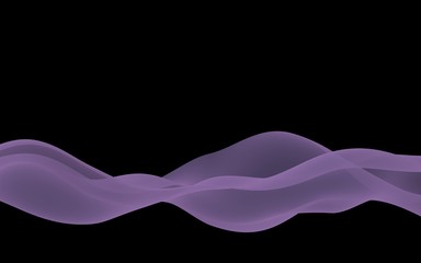 Abstract purple wave. Raster air background. Bright purple ribbon on dark background. Purple scarf. Abstract smoke. 3d illustration