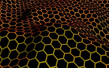 Honeycomb wave effect on a red yellow background. Perspective view on polygon look like honeycomb. Isometric geometry. 3D illustration