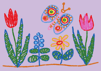 Child drawing styled flowers and butterfly. Wax crayon like vector graphic on separated, colorable background. The elements can be rearranged independently of each other.