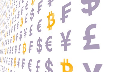 Bitcoin and currency on a white background. Digital Cryptocurrency symbol. Business concept. Market Display. 3D illustration