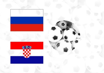 Fototapeta premium RUSSIA and CROATIA Flags on white soccer balls background