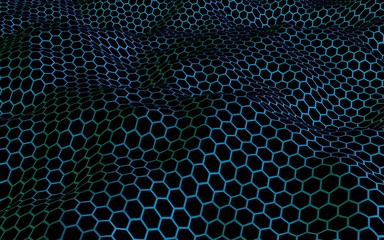 Honeycomb wave effect on a blue green background. Perspective view on polygon look like honeycomb. Isometric geometry. 3D illustration