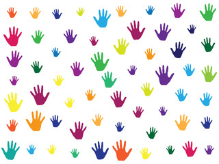 Hands, palms isolated on white vector background graphic design.  Colorful handprints - symbols of friendship, teamwork, cooperation and partnership.  Kids drawing hands prints illustration.