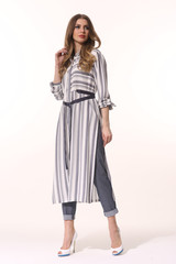 young caucasian business woman executive posing in summer long tunica dress with belt high heels stiletto shoes full body length isolated on white