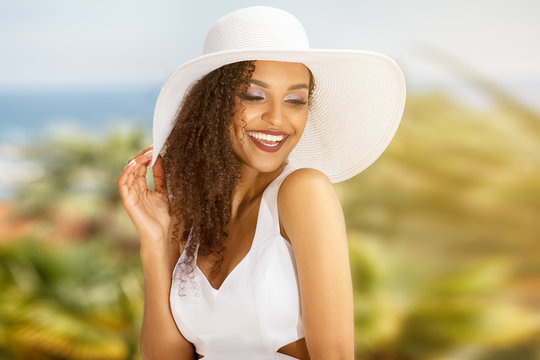 Beauty African American Woman In Summer Hat.