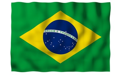 Waving flag of Brazil. Ordem e Progresso. Order and progress. Rio de Janeiro. South America. State symbol. 3D illustration