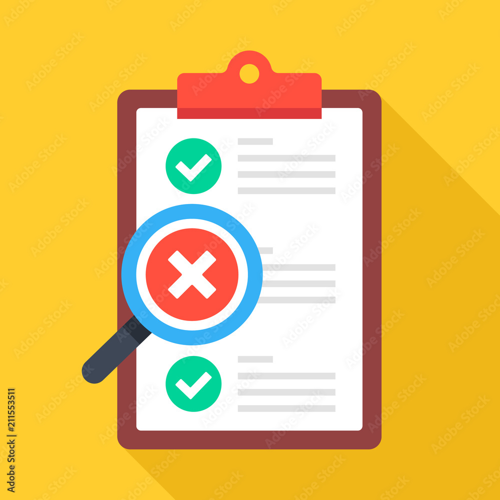 Poster clipboard with checklist with check marks and magnifying glass with x mark. flat design vector illus