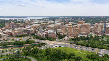 Fototapeta na wymiar The skyline of Alexandria, Virginia, USA and surrounding areas as seen from the top of the George Washington Masonic Temple.