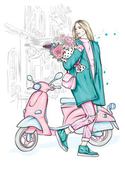Beautiful girl in a stylish coat, jeans and shoes. Vector illustration for a postcard or a poster. Fashion and style, clothing and accessories. Bouquet of peony and roses. Flowers. Vintage moped.
