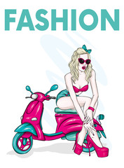 Fototapeta na wymiar A tall slender girl in short shorts, a jacket and high-heeled shoes. Beautiful model in stylish clothes. Vector illustration for a postcard or a poster, print for clothes. Vintage moped, personal tra