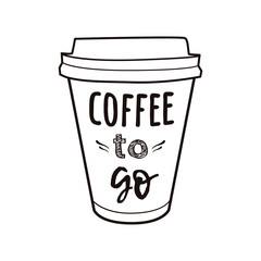 Vector illustration of a take away coffee cup with phrase "Coffee to go". Vintage drawing for drink and beverage menu or cafe design.