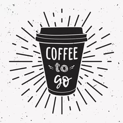 Afwasbaar Fotobehang Voor hem Vectorillustratie van een koffiekopje om mee te nemen met de zin &quot Coffee to go&quot  en vintage lichtstralen. Tekening voor drank- en drankmenu of caféontwerp.