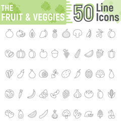 Fruit and Vegetables thin line icon set, vegetarian symbols collection, vector sketches, logo illustrations, healthy signs linear pictograms package isolated on white background, eps 10.