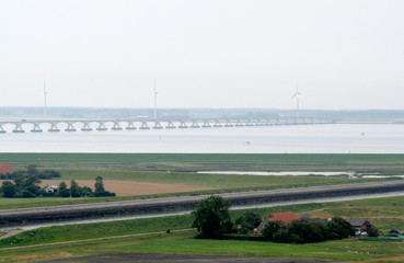 Fototapeta na wymiar Easterscheldt and the Zeeland brug, seen from the Sint-Lievensmonstertoren in Zierikzee