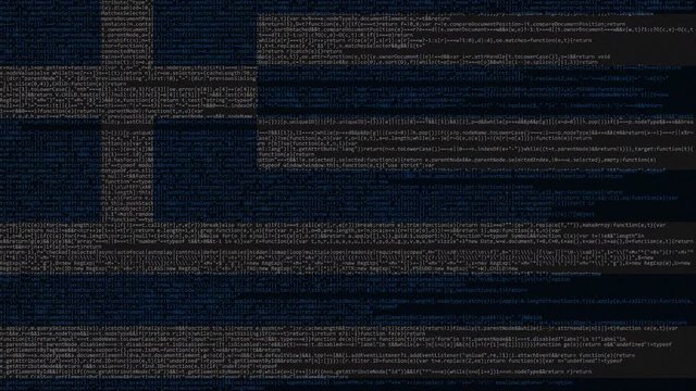 Source code and flag of Greece. Greek digital technology or programming related loopable animation