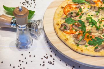 appetizing vegetarian pizza with  spices on a white table
