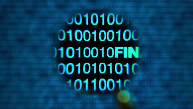 Magnifying glass moving left to right over computer screen with blue matrix style zeros and ones. Word finance written in code line. Abstract. IT and hi tech concept.