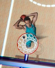 basketball player making slam dunk on basketball arena