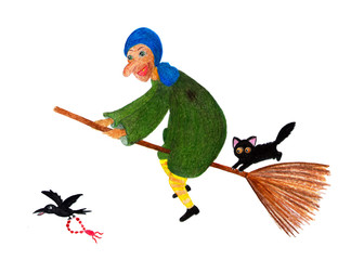 Baba Yaga. Watercolor illustration painted by hand.
Fabulous character of a woman yaga. The old lady is flying on a broom, next to a black cat. Illustration for a children's book.