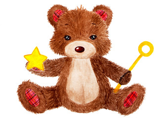 Cute bear. Watercolor illustration.
Cute bear with a star in his hand. Illustration for children's design, books, print.